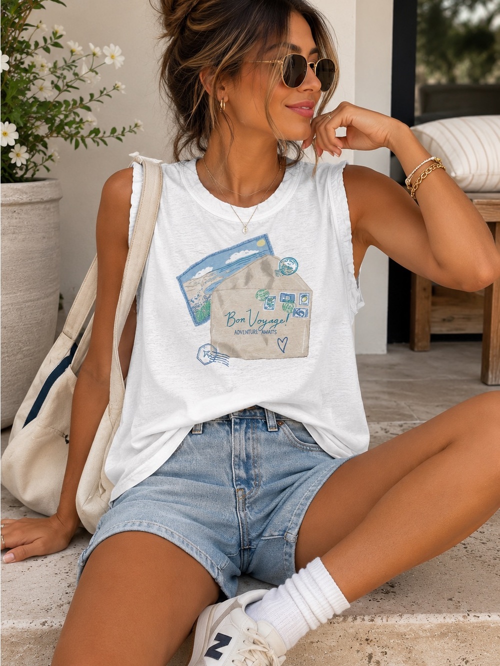 NWOT LOFT White Bon Voyage Graphic Muscle Tank Top